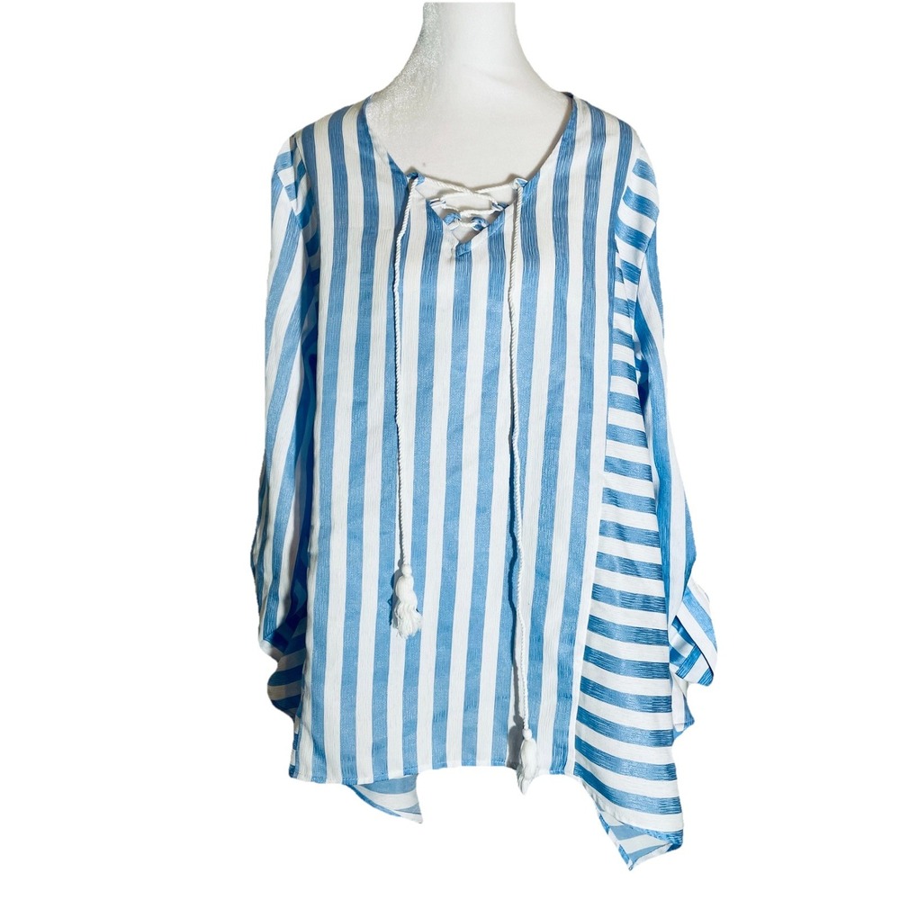 Doe & Rae Blue White Striped Lace Up Tassel Tunic Top Sharkbite Hem Womens Large
